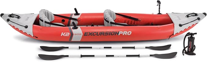 INTEX 68309EP Excursion Pro K2 Inflatable Kayak Set: Includes Deluxe 86in Kayak Paddles and High-Output Pump – SuperTough PVC – Adjustable Bucket Seat – 2-Person – 400lb Weight Capacity
