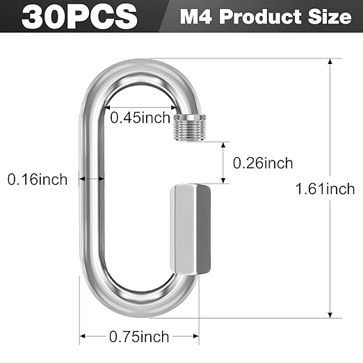 M4-30 Pack 1.61“ Quick Links Chain Connectors, 5/32″ Galvanized Chain Locking Carabiners Hooks, 330LBS Heavy Duty Thread Quick Link Clips, Twist Oval Keychain D Shape for Swing, Camping