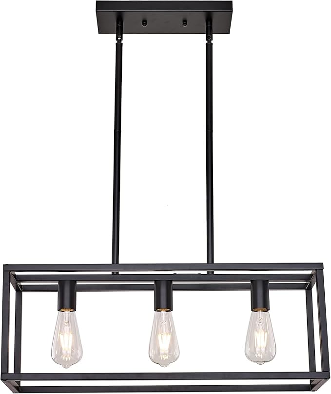 Farmhouse Rectangle Chandeliers for Dining Rooms, Modern Linear Hanging Light Fixture Matte Black 3-Light Industrial Pendant Lighting for Kitchen Island