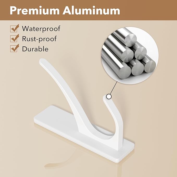 White Self Adhesive Coat Hooks for Hanging, Heavy Duty Stainless Double Wall Hook for Towel, Backpack, Hat, Sturdy Metal Hanger for Bathroom, Bedroom, Door, Wall Mounted, 4-Pack