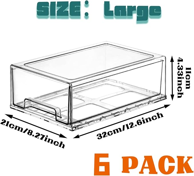 PeJeyiee 6 Pack Clear Stackable Refrigerator Organizers and Storage Drawers - Pull-Out Fridge Bins with Anti-Slip Base & Easy Clean, Plastic Organizers for Kitchen Pantry Cabinet Closet (Large)