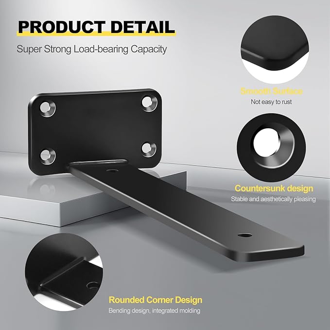 4 Pack - 12 inch Black Hidden L Shelf Bracket Iron Floating Shelf Brackets