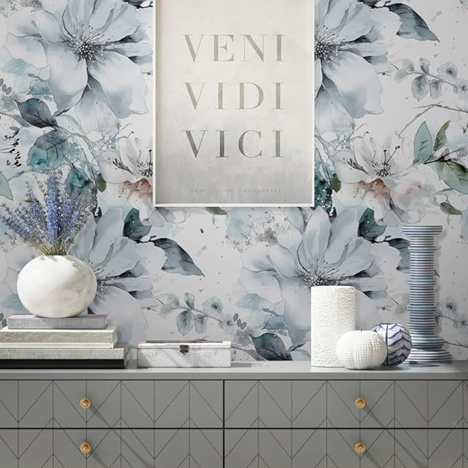 Ice Blue White Large Hyacinth Floral Green Leaf Peel and Stick Wallpaper Wall