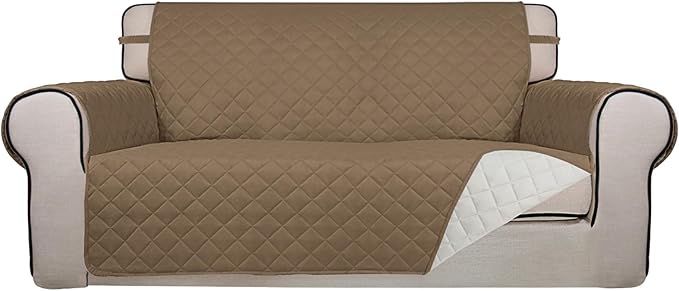 PureFit Reversible Quilted Sofa Cover, Water Resistant Slipcover Furniture Protector, Washable Couch Cover with Non Slip and Elastic Straps for Kids, Dogs, Pets (Oversized Loveseat, Camel/Ivory)