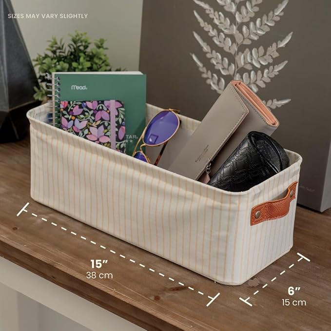 OrganiHaus Narrow Storage Bins 15x06in, Small Closet Bins for Shelves, Bathroom Storage Baskets, Narrow Baskets, Fabric Organizer with Handles, Toilet Paper Organizer - 2 Pack, White w/Brown Stripes