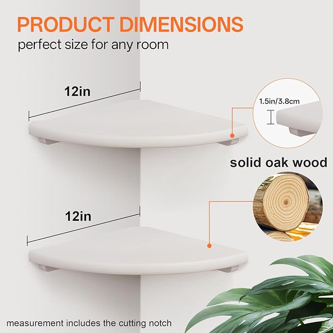 Gieanoo Floating Corner Shelves Set 2 12inch White Solid Oak Rounded Corner