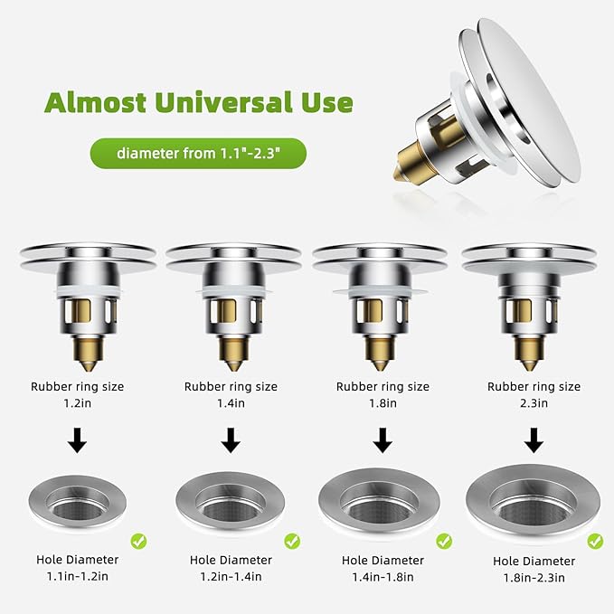 Universal 2PCS Bathroom Sink Stopper 2 in 1 Pop Up Metal Sink Drain Strainer with Hair Catcher, Fit for 1.1~2.36" Sink Basin Hole, Big Cover Cap, Anti-clog, Chrome