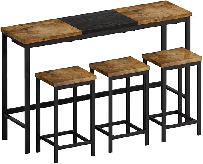 Harper & Bright Designs 4-Piece Dining Table Set, 60.2" L Wood Dining Table with 3 Stools and Metal Frame for Kitchen Dining Room, Convenient Hanging Stool Design, Natural+Black