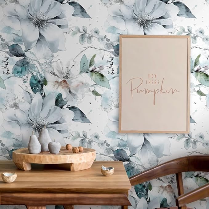 Ice Blue White Large Hyacinth Floral Green Leaf Peel and Stick Wallpaper Wall