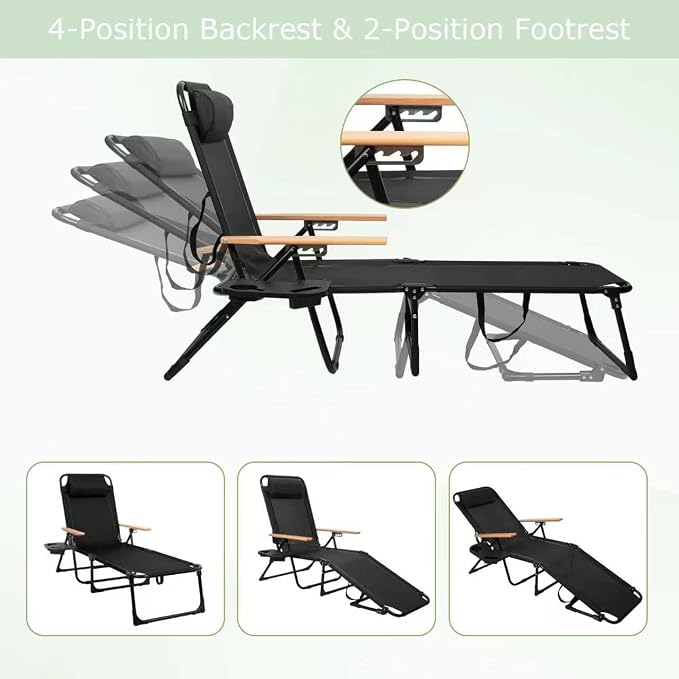 Folding Lounge Chairs for Outside, 4-Position Reclining Outdoor Lounge Chair, Sun Bathing Lounge Chair with Wooden Armrest, Pillow & Cup Holder, Reclining Beach Chair for Garden Beach Patio Camp