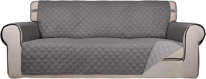 PureFit Reversible Quilted Sofa Cover, Water Resistant Slipcover Furniture Protector, Washable Couch Cover with Non Slip and Elastic Straps for Kids, Dogs, Pets (Sofa, Gray/Light Gray)