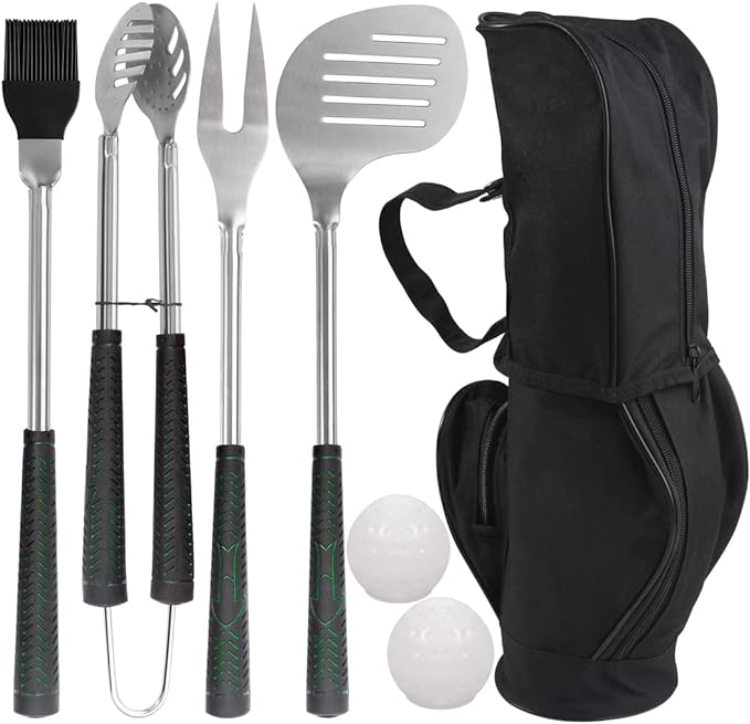 POLIGO 7PCS Golf-Club Style BBQ Tools Set Grilling Tools with Rubber Handle - Stainless Steel Grill Accessories for Outdoor Grill Set Premium Grill Utensils Set Christmas Birthday Gifts for Men Dad