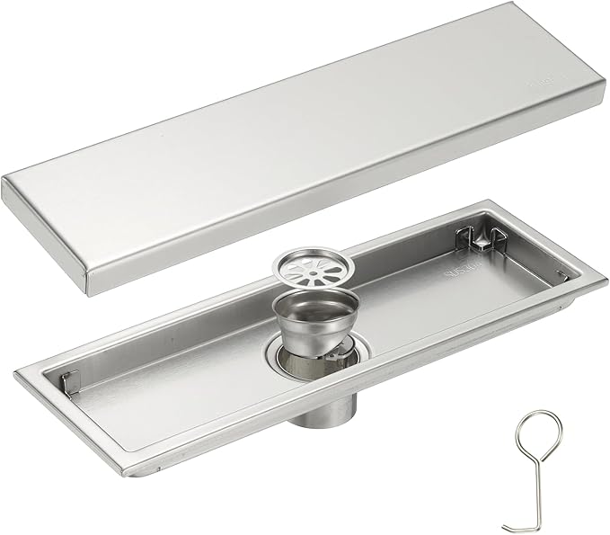 uxcell Rectangular Shower Drain, Brushed 304 Stainless Steel Odor-Proof Floor Drain Linear Shower Drain Hair Catcher for Bathroom Kitchen and Laundry Room(12 Inch, Brushed Silver)