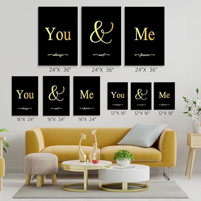 GUBIYU Black and Gold Bedroom Art Love Wall Decor You and Me Word Canvas Poster