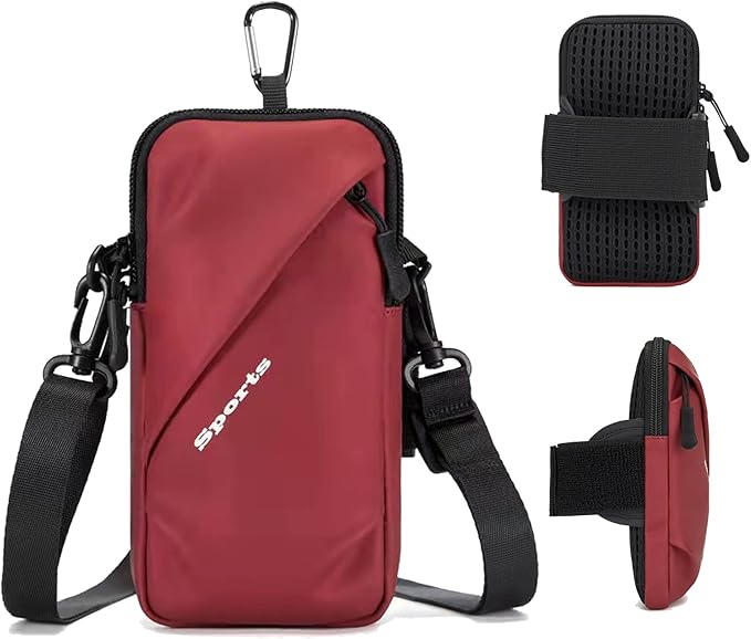 Cell Phone Holder Arm Band, Small Crossbody Shoulder Holsters Bag with Armband, Fits iPhone and All Cell Phones, Use for Running, Walking, Hiking & Biking (Plus Size,Red)