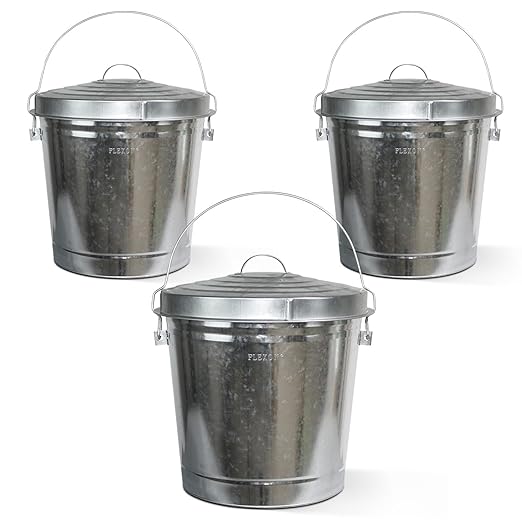 Plexon 10 Gallon Trash Can with Locking Lid Galvanized Metal Bucket for Poultry Feed Bird Seed Storage Ash Outside Garbage Can with Lid, 3 Pack