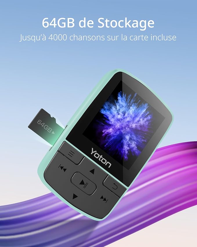 YOTON MP3 Player with Bluetooth 5.2, 64GB Storage, Mini Size, HiFi Music, with Sports Clip, Independent Volume Control, FM Radio, Includes Headphones (Green)