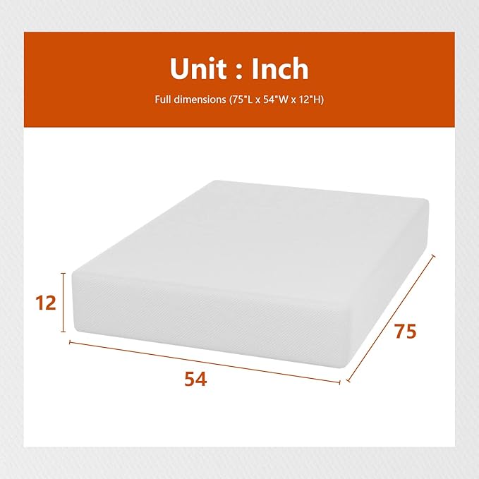 PayLessHere Full Mattress 12 Inch Gel Memory Foam Mattress with Breathable & Washable Soft Fabric Zippered Cover,Supportive & Pressure Relief Bed Mattress,CertiPUR-US CER，Fiberglass Freetified,White