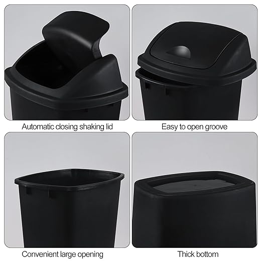 10 Gallon Plastic Garbage Bin with Lid, Swing Top Waste Container, Kitchen Trash Can with Swing Lid, Black, 4 Packs