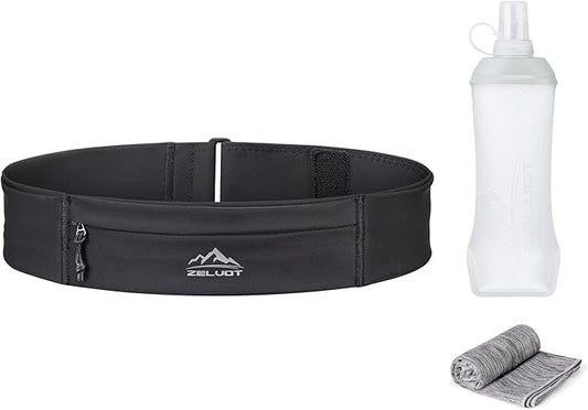 Running Belt with 400ml Soft, Adjustable Running Fanny Pack with Phone Holder and Gym Towel, Waterproof Belt Bag for Women Men for Jogging Hiking Marathon (Black, L/XL)