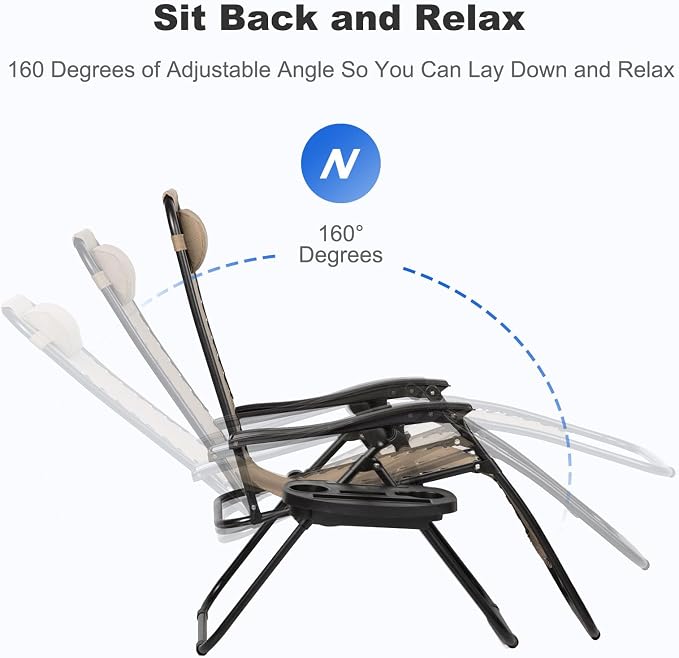 Nazhura Set of 2 Relaxing Recliners Patio Chairs Adjustable Steel Mesh Zero Gravity Lounge Chair Beach Chairs with Pillow and Cup Holder Khaki (Kahki)