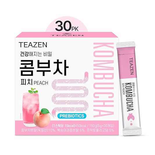 TEAZEN Peach Kombucha Tea, Hydration Drink Mix, Sugar Free, Live Probiotics & Prebiotics, 30 Sticks, 5.29oz