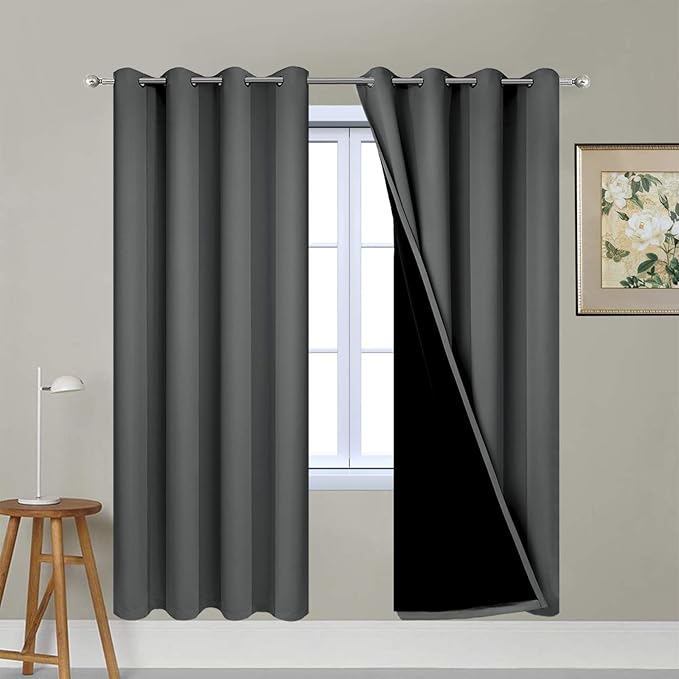 Yakamok 63 Inches Long Dark Gray 100% Blackout Curtains, Noise Reducing Window