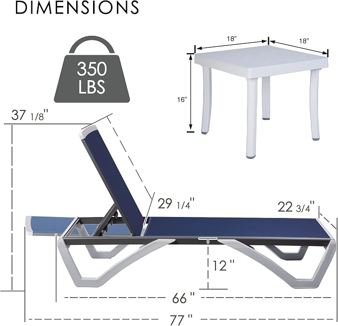 Kozyard Outdoor Chaise Lounge Chair Set, Fully Flat Adjustable Patio Lounger with Aluminum Frame & Resin Legs, Textilene Fabric for Poolside, Backyard & Beach (Navy Blue, Chair +Table)