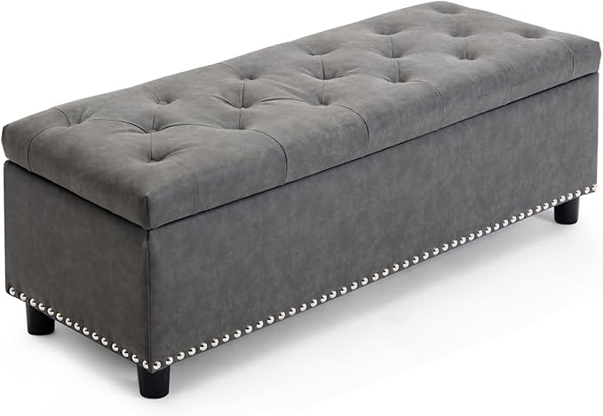 BELLEZE 47" Storage Ottoman, Storage Bench with Safety Close Hinge, Faux Leather Button-Tufted Ottoman for Living Room, Entryway, Hallway, Foot Rest, Support 300lbs - Rustic Gray