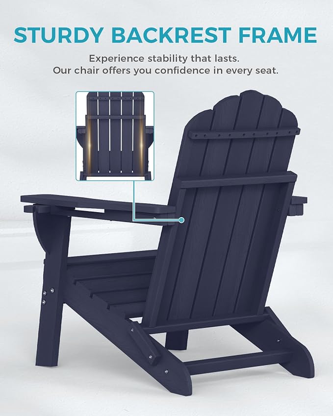 Adirondack Chair, HDPE Material Fire Pit Chairs, Plastic Adirondack Chairs with 2 Cup Holder, Outdoor Lawn Chair for Patio Garden, Dark NavyBlue
