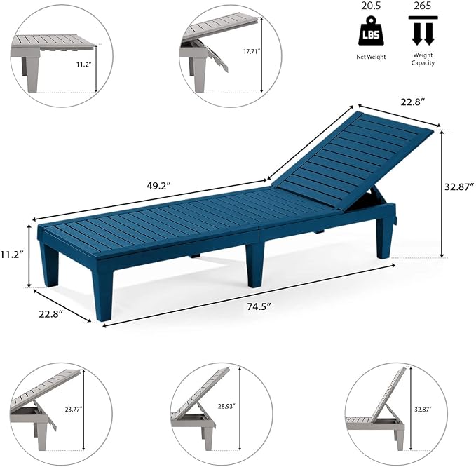 Nestl Sun Tanning Chair - Blue Chaise Lounge Chair Outdoor, Lightweight Pool Lounge Chairs Set of 12, Adjustable 5-Position Reclining Lawn Chair, Waterproof Beach Outdoor Lounge Chairs