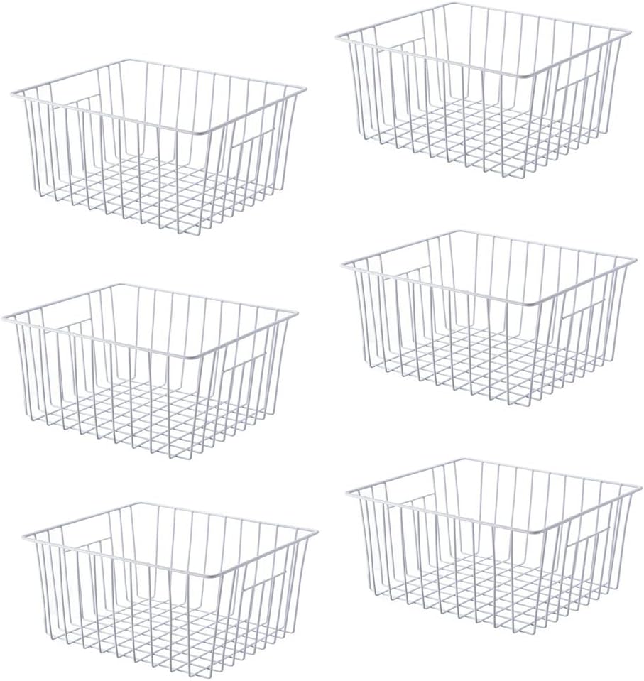 Upright Freezer Organizer Bins， Freezer Baskets for 14, 15 cu.ft Standup Freezer, Wire Storage Baskets with Built-in Handles for Frozen Foods, Snacks, Vegetables, Fruits and More, 6Pcs , White
