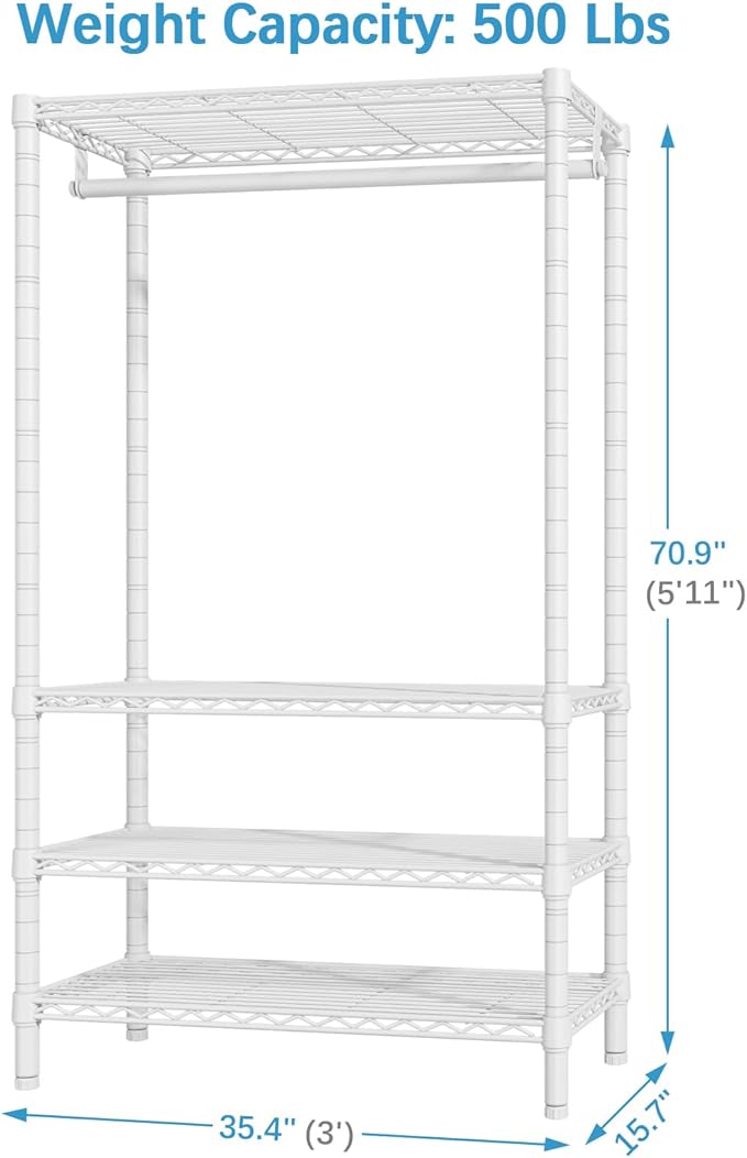 VIPEK V1 Wire Garment Rack 4 Tiers Heavy Duty Clothes Rack for Hanging Clothes Freestanding Closet Clothing Rack with 4 Adjustable Shelves, 35.4" L X 15.7" W X 70.9" H, Max Load 500LBS, White