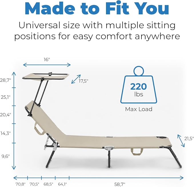Folding Outdoor Lounge Chair with Canopy - Portable & Adjustable Beach Lounge Chair - 5-Positions, Carry Handles, 600D Fabric, 220 lbs Capacity – Tanning Chaise Lounge for Beach, Patio (1, Beige)