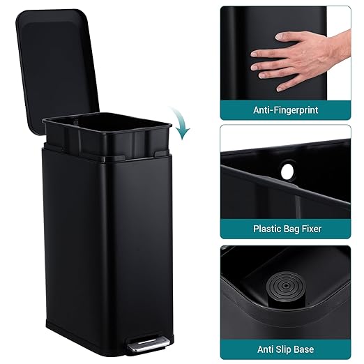 13.2 Gallon / 50L Kitchen Trash Can, Slim Stainless Steel Garbage Can with Removable Inner Bucket, Fingerprint-Proof Step Rubbish Bin with Soft-Close Lid for Narrow Space, Black