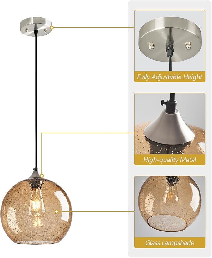 Light Brown Glass Pendant Lights Kitchen Island Globe Pendant Light Fixtures Modern Pendant Lighting for Bedroom Living Dining Room Light Fixture (9.84 in, 3 Pack)