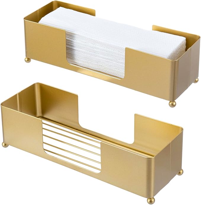 MyGift Modern Brass Tone Metal Tabletop Folded Hand Towel Holder, Commercial Countertop Tissue Dispenser Tray for Trifold, C-Fold and Z-Fold Towels, Set of 2