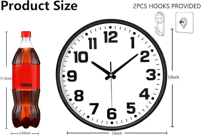 Modern Silent Wall Clock, 12 Inch Non-Ticking Battery Operated Clock, Round