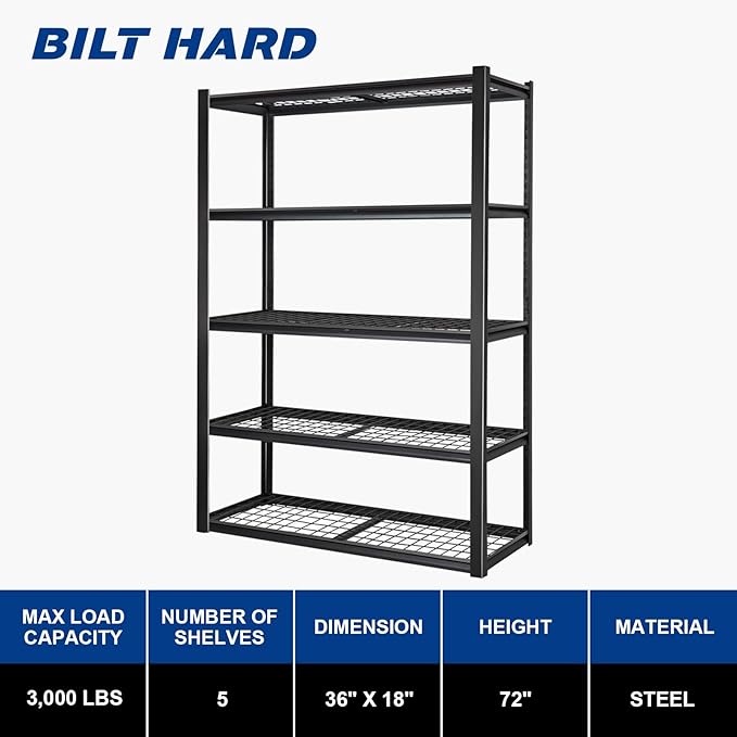BILT HARD Garage Shelving 3000 LBS 36" W x 18" D x 72" H, Heavy Duty 5-Tier Metal Shelving Units with Adjustable Shelf, Steel Wire Utility Storage Shelves