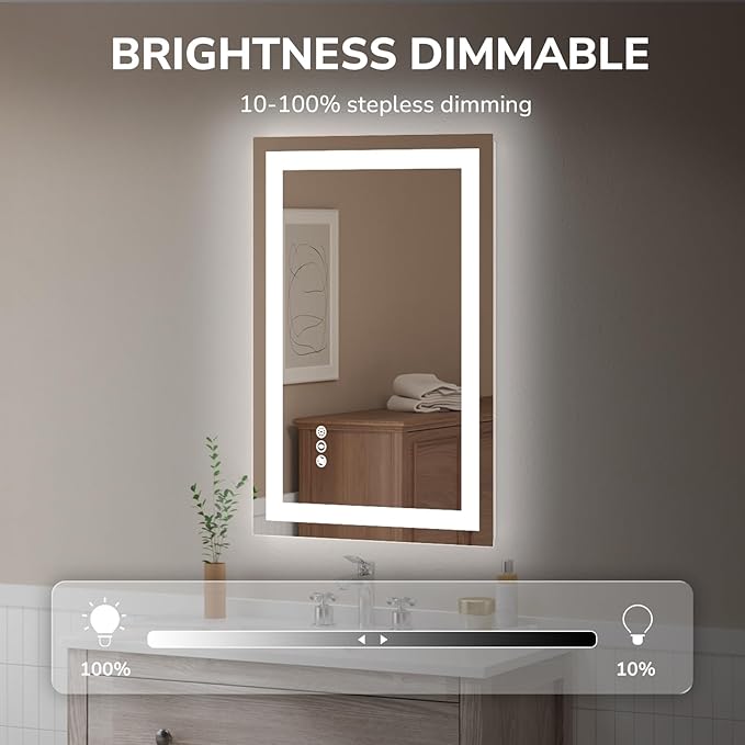 USHOWER LED Bathroom Mirror 24x36 Inch Tempered Glass