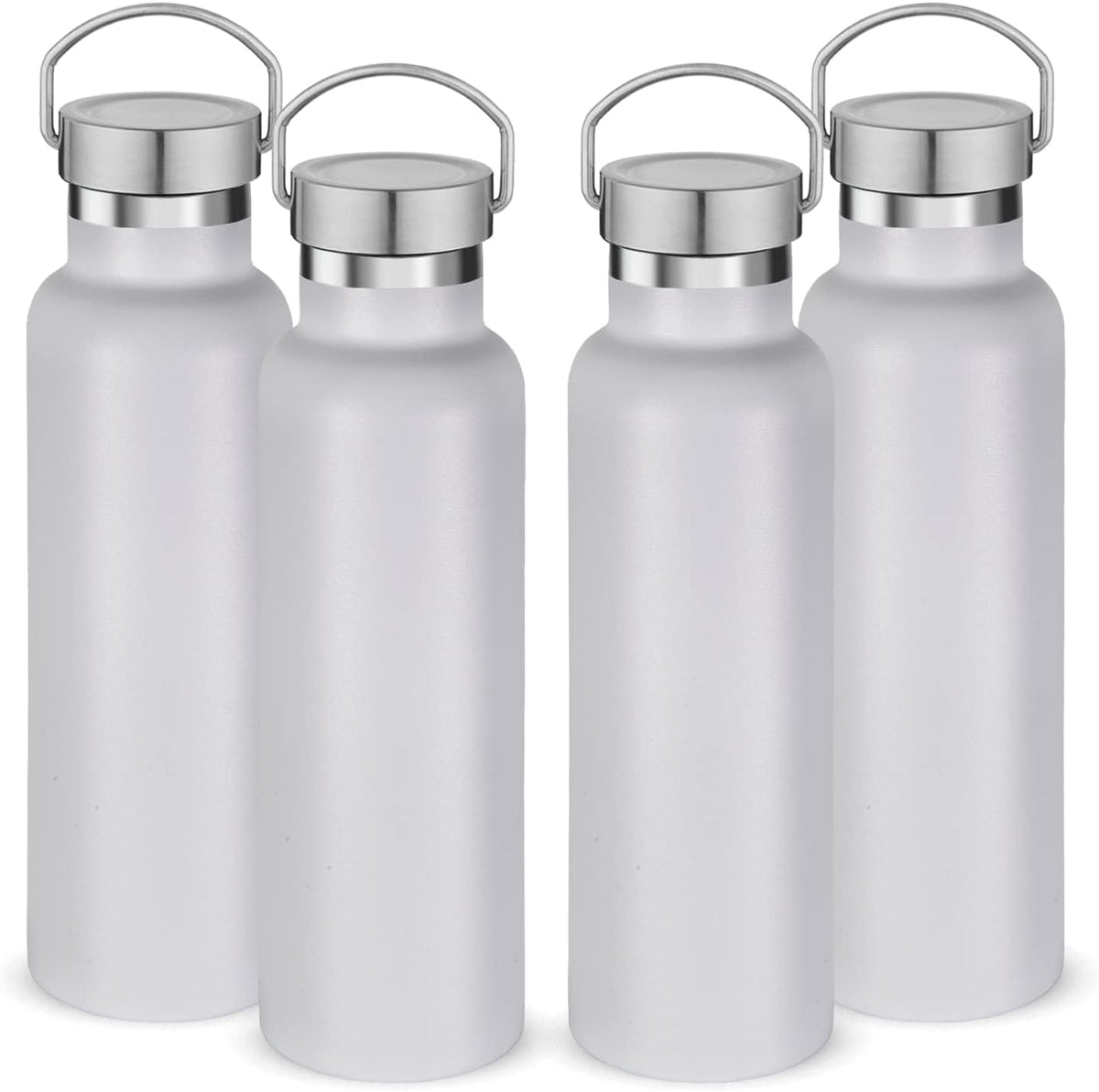 Neihepal 20 oz Insulated Water Bottles Bulk 4 Pack,Stainless Steel Double Wall Sport Bottle with Lid of Handle,Metal Reusable Thermoses Flask with Cup Cap for School,Hikers,Gift (White,Set of 4)