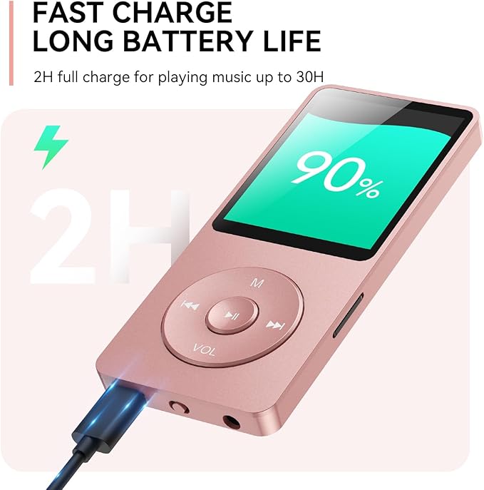 AGPTEK A02 MP3 Player with Bluetooth 5.3, 1.8 inch Screen Portable Music Player with Speaker, FM Radio, Voice Recorder, Supports Expanded Up to 128GB(Rose Gold, 32GB)