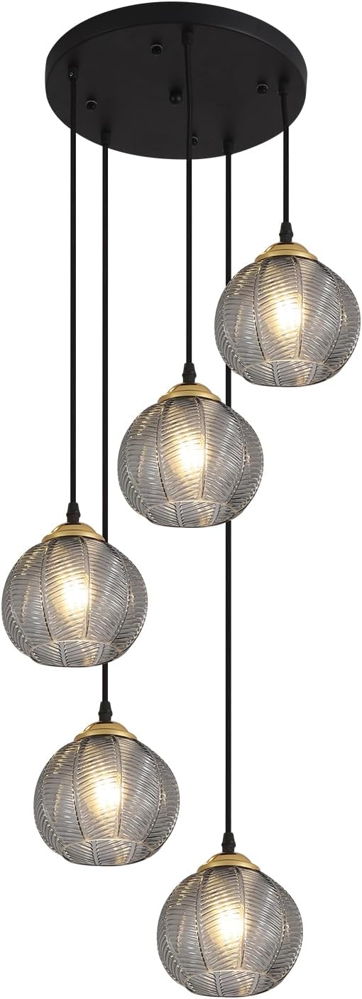 KCO Lighting Round Glass Pendant Lighting 5 Light Farmhouse Cluster Chandelier Black Kitchen Pendant Lighting Smoke Glass Cluster Pendant Light Mid Century Modern Globe Chandelier