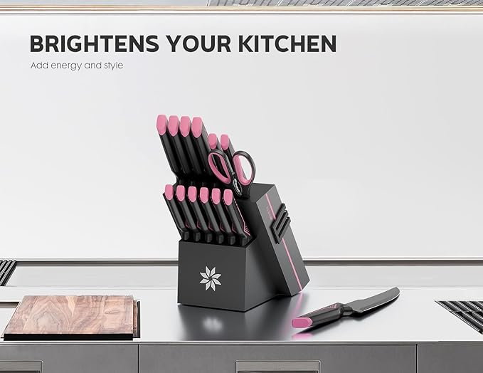Knife Set - 15 PCS Kitchen Knife Set with Built-in Knife Sharpener Block - Stainless Steel Knife Block Set - Dishwasher Safe, Elegant Box for Men Women, Pink