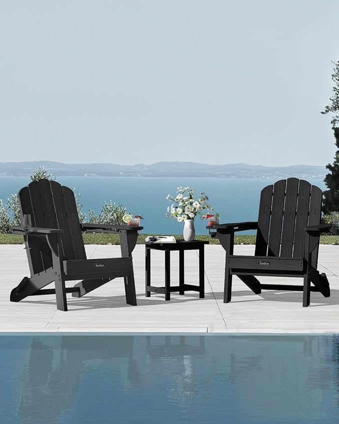 Folding Adirondack Chair,All-Weather HDPE Fire Pit Chair with 2 Cup Holders, Plastic Outdoor Chair for Patio Deck Garden Lawn, Black
