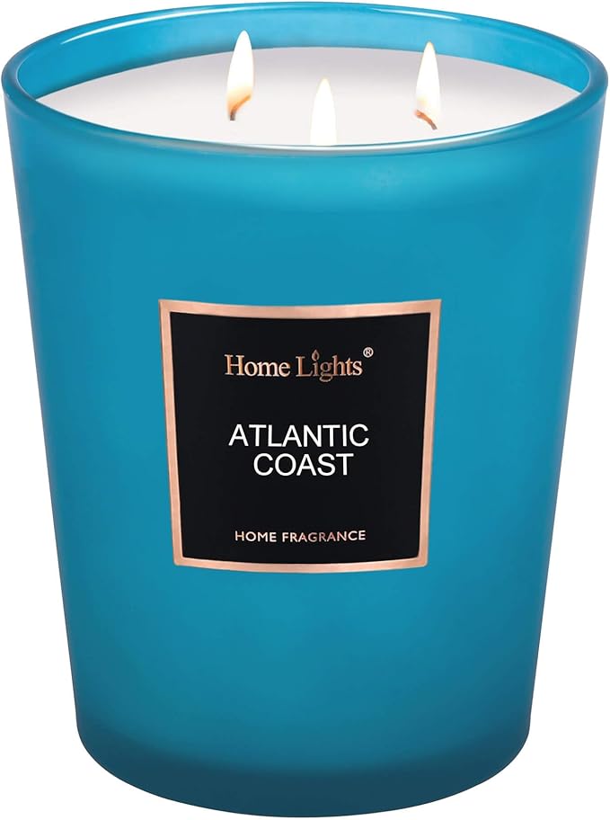 HomeLights Scented Candle | Large Jar Candle - 33.3 Oz. Natural Soy Aromatherapy Candles | Up to 130 Hours Burn Time with 3 Cotton Wicks,Home Decorative Fragrance Candles Gift - Atlantic Coast