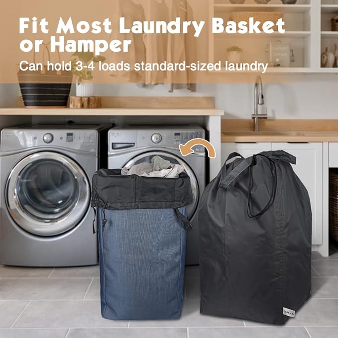 Washable Travel Laundry Bag with Handles and Drawstring (2 Pack), Heavy Duty Large Enough to Hold 3 Loads of Laundry, Fit a Laundry Basket or Clothes Hamper, 27.5x34.5 in,Black