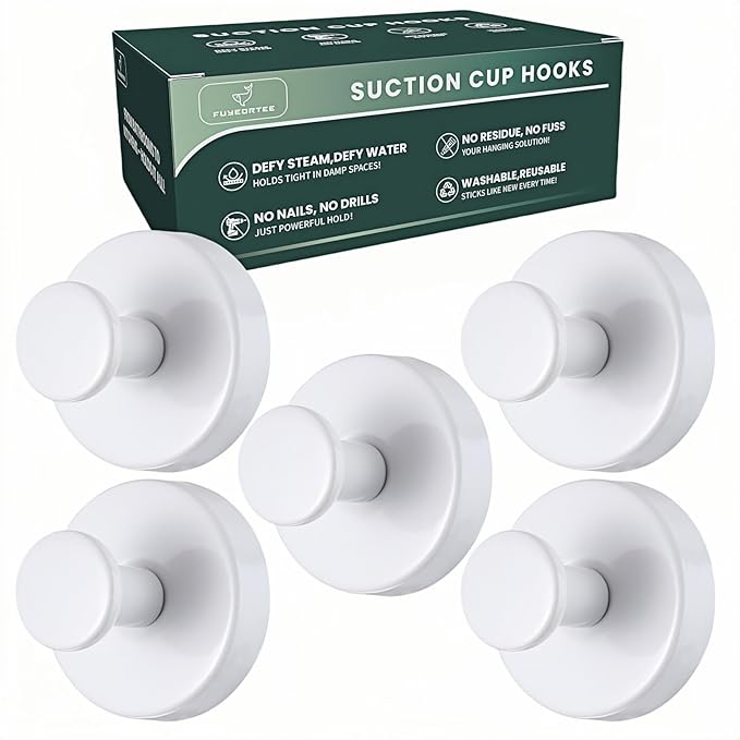 2025 Upgraded Stainless Steel Heavy Duty Suction Cup Hooks For Shower Bathroom Accessories Removable Hook For Glass Window Door Wall Hooks For Hanging Towels Robes Wreaths (Pack Of 5, White)