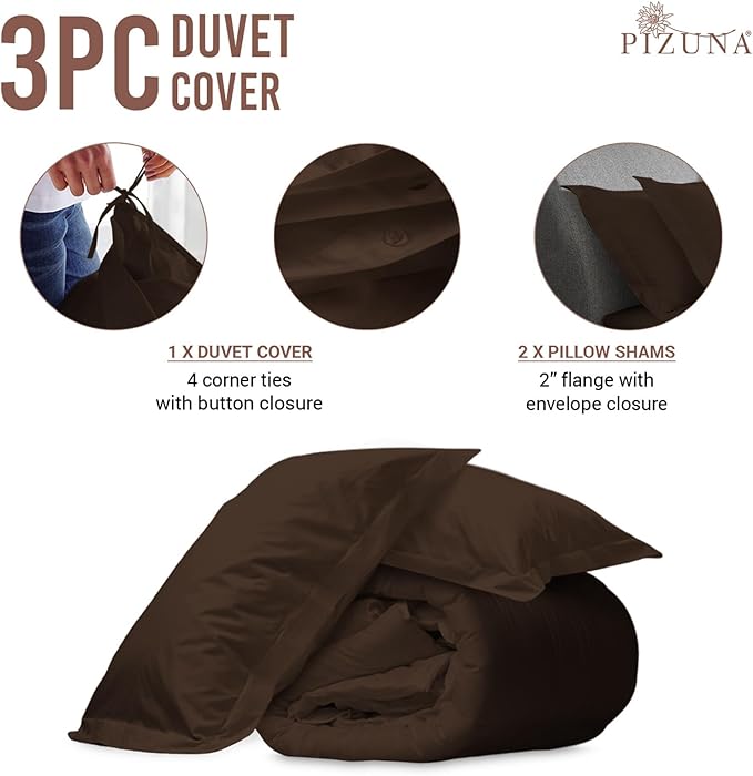 Pizuna Pure 100% Cotton Full Duvet Cover Set, Luxurious 400 Thread Count Long Staple Cotton Sateen Weave with Button Closure (Combed Dark Brown Cotton Duvet Cover Full)