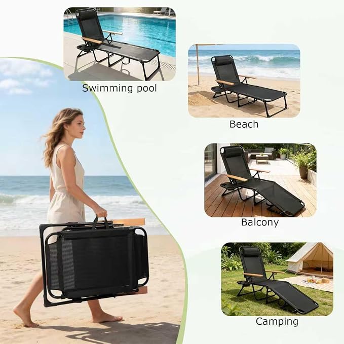 Folding Lounge Chairs for Outside, 4-Position Reclining Outdoor Lounge Chair, Sun Bathing Lounge Chair with Wooden Armrest, Pillow & Cup Holder, Reclining Beach Chair for Garden Beach Patio Camp
